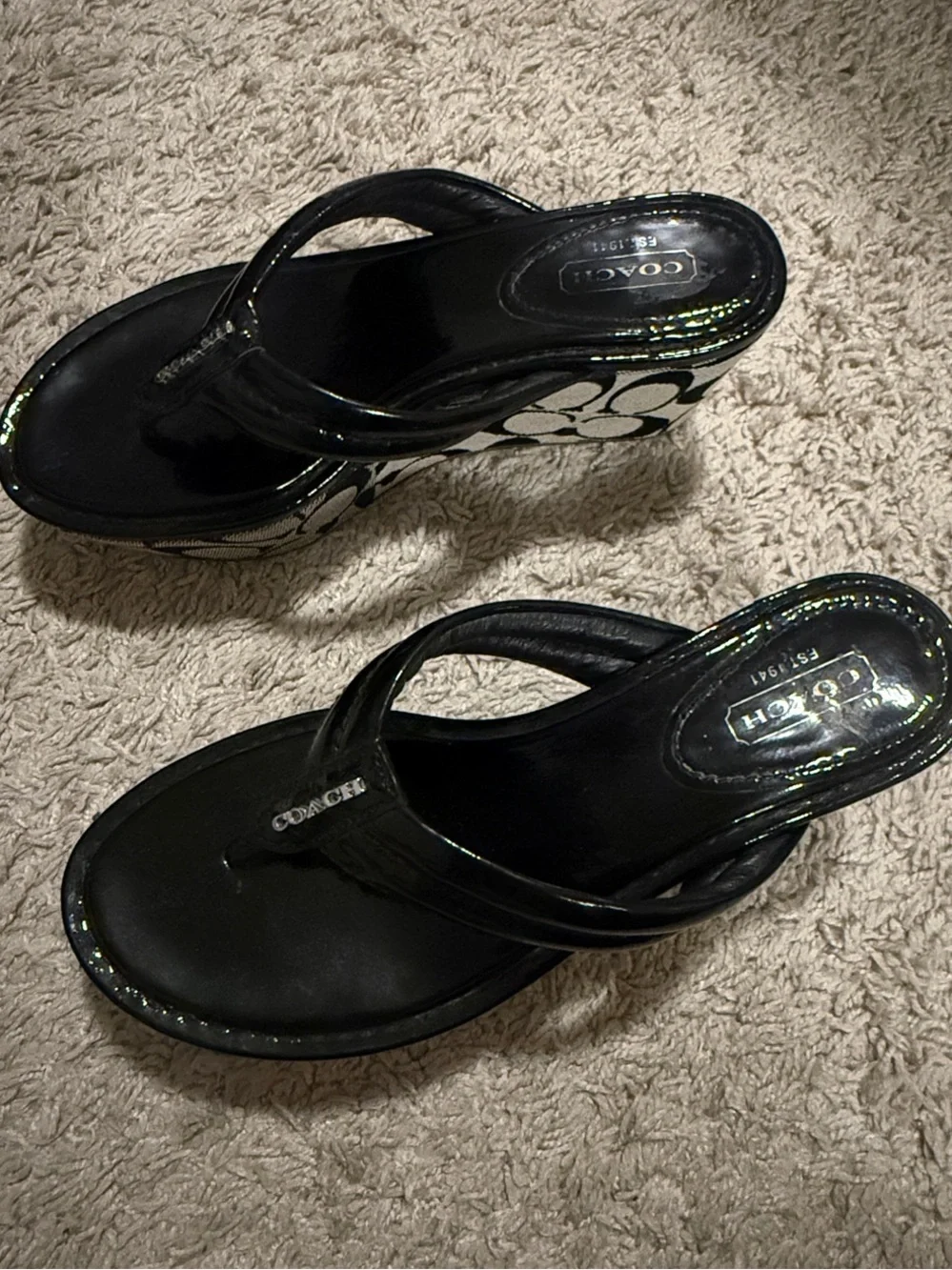 Coach Black Patent Logo Wedge Flip Flops